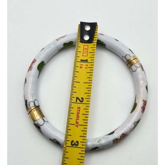 Vintage Cloisonne Floral Bangle Bracelet Hinged White with Flowers Damaged - Picture 3 of 10